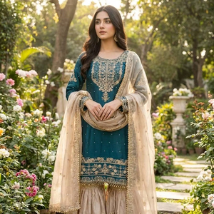 Ensemble de costume ethnique tendance en soie – Kurti brodé avec Plazzo et Dupatta de créateur - Product Image 1