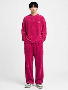 Oneten Apparel Men Solid <b>Pink</b> Corduroy Crewneck <b>Sweatshirt</b> and Wide Leg Pants Tracksuit Set - Product Image 5