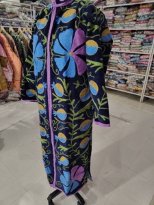 <b>Women</b> Long Velour <b>Robe</b> Full Length Mandarin Collar Hand Embroidered Floral Pattern Zipper Closure Winter Cozy Soft Outerwear - Product Image 3