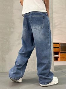 Jean ample pour homme 100 % coton, coupe large, taille mi-haute, délavé effet moustaches, bleu, coupe décontractée, style streetwear, long - Product Image 2