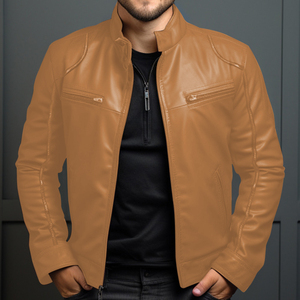 Cross-Border <b>Mens</b> Autumn Leather Varsity Jacket New Fashion Plus Size Hooded High Street Front Horizontal Zipper Solid Stand - Product Image 5