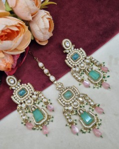 Handcrafted Radiant Cut Stone Designer <b>Necklace</b> With Earrings And Mangtika For Women Traditional Ethic Wear Jewellery Collection - Product Image 3