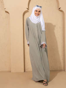 Abaya vert olive pour femme, longue, coupe ample, manches longues, col montant, tenue quotidienne modeste, style Moyen-Orient, broderie en coton - Product Image 5