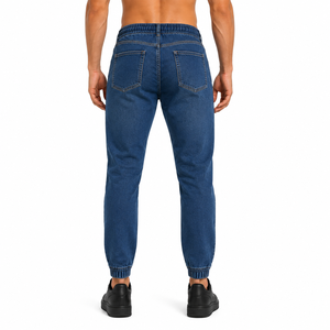 Wholesale <b>Men</b> Denim Jeans Elastic Waist Drawstring Cuffed Leg Soft <b>Stretch</b> Denim Jogger Trousers Washed Tone Denim Jeans - Product Image 2