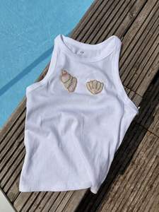 T-shirt en coton court de luxe à pampilles perlées, brodé, pour femme, avec perles mobiles double face, tendance - Product Image 3