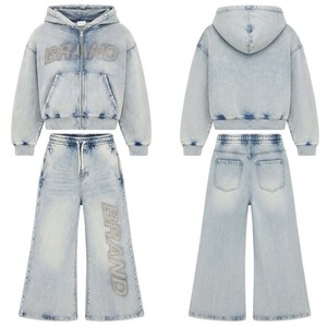 Custom Premium Eco-Friendly Streetwear Unisex Winter Acid Wash French Terry 450g Tracksuit <b>Set</b> Zip Hoodie Flared Sweatpants - Product Image 4