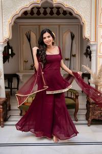 Traje Kurti de Georgette con Espejos para Mujer, Diseño con Cordón, Dupatta Bordada con Borde de Encaje, para Celebraciones y Ocasiones Especiales - Product Image 1