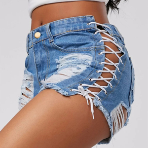 Women's High Waist <b>Black</b> Denim <b>Shorts</b> Asymmetric Ripped Lace Up Hollow Out Sexy Summer Style - Product Image 3