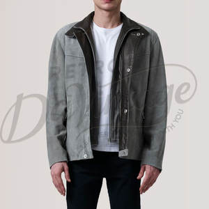 Veste safari en daim beige pour homme, véritable peau de mouton, multi-poches, ceinture, col montant avec boucle. - Product Image 5