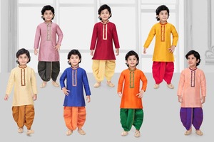 ชุดกางเกงคุร์ตะผ้าฝ้ายสำหรับเด็กผู้ชายแบบไม่ยับ |   7 สีใหม่ |   ปกเสื้อปักลาย |   ไซส์ 010 |   เทศกาลชาติพันธุ์อินเดีย - Product Image 2