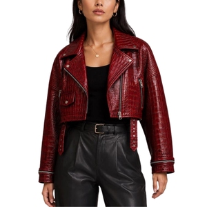 Crocodile Embossed Leather Jacket Women Real Leather Crocodile Print Biker Jacket Emerald Green Jacket with Stand Up <b>Cooler</b> - Product Image 6