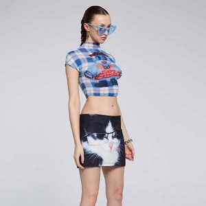 Women's Blue Plaid Cartoon Print Crop <b>Top</b> <b>Cap</b> <b>Sleeve</b> Turtleneck Knitted Spring Summer Slim Fit Spandex Polyester - Product Image 2