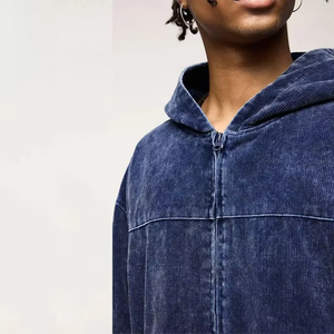 Sweat-shirt à capuche zippé pour homme, bleu délavé, coupe ample et carrée, en coton épais, effet délavé à l'acide, style streetwear - Product Image 5
