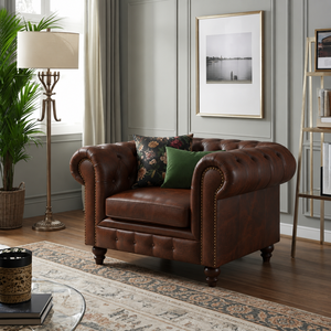Sillón Chesterfield de cuero genuino con respaldo capitoné para sala de estar, sillón de cuero marrón con patas de madera, muebles de cuero - Product Image 1