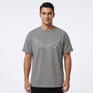 Camiseta de manga corta gris para hombre con alas en relieve y logotipo R en la parte delantera, cuello redondo informal, corte regular, tejido de punto. - Product Image 4