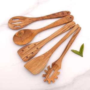 Juego de Utensilios de Cocina de Madera de Olivo de 5 Piezas, Cucharas, Espátulas y Cuchara para Espaguetis - Product Image 1