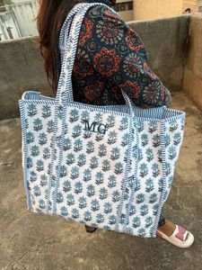 Floral Handprinted Large Quilted Women's Tote <b>Bags</b> Boho <b>Overnight</b> Weekender Beach Tote Eco-Friendly Shopping Grocery Travel <b>Bags</b> - Product Image 5