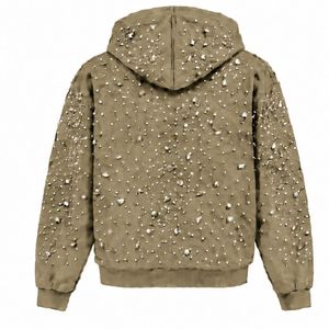 Sweat à capuche zippé kaki orné de perles, veste streetwear tendance à manches longues avec poches avant - Product Image 2