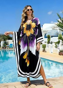 V Neck Floral Maxi Abaya <b>Dress</b> Three Quarter Sleeve <b>Loose</b> Fit Beach Wear Women's Polyester Modest Summer Style - Product Image 5