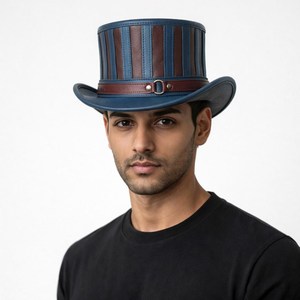 Striped Leather Top <b>Hat</b> Blue And Brown Unisex Party <b>Hat</b> <b>Steampunk</b> Style Adult Four Seasons Wear - Product Image 5