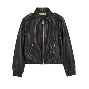 <b>Leather</b> Bomber <b>Jacket</b> Women Moto Biker Style Zipper Closure Turn-Down Collar Slim Fit Short Length Autumn Wear - Product Image 5