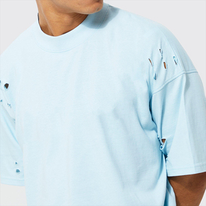 Camiseta Oversize Azul Claro para Hombre, Manga Corta, Cuello Redondo, Estilo Urbano, Tejido de Algodón Transpirable, Diseño Liso - Product Image 3