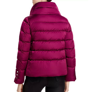 Women's Burgundy Quilted Puffer Jacket Full Sleeve <b>Stand</b> Collar Zipper Closure Solid Color Winter Outerwear Short Length - Product Image 4