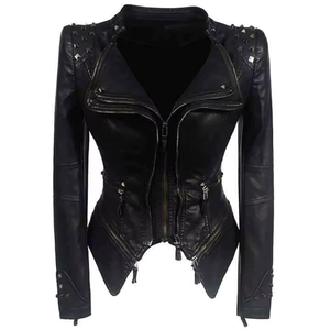 High Quality Leather <b>Jacket</b> Black Studded Leather <b>Jacket</b> Slim Fit Multi-Zipper <b>Punk</b> Rock Style OEM Style for Private Brands - Product Image 1