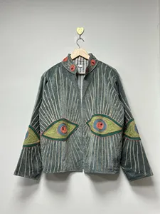 Premium Gray <b>Velvet</b> Suzani Embroidered <b>Jacket</b> with Eye Pattern Full Sleeve Stand Collar Bohemian <b>Women's</b> Winter Outerwear - Product Image 1