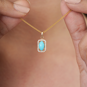 Minimal Design Oval Shape Turquoise & Round Cut Diamond Simple Halo <b>Pendant</b> Fine 14K <b>Solid</b> Yellow <b>Gold</b> Everyday Girls Jewelry - Product Image 2