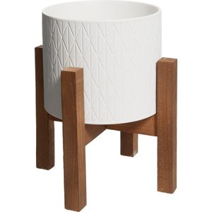 Red Metal Flower <b>Pot</b> with White Tree Pattern on Wooden Stand for Indoor Desktop Use - Product Image 5