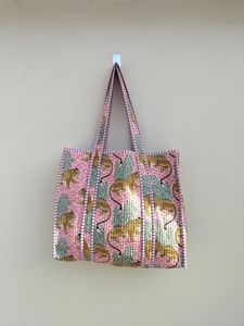 Best Seller <b>Hot</b> <b>Pink</b> Jungle Animal Leopard Cotton Kantha Quilted Storage Tote <b>Bag</b> Women Shoulder Travel Carrying Handbag Striped - Product Image 3