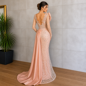 Robe de soirée sirène rose poudré brodée de perles, col en V, longueur ras du sol, coupe ajustée, écologique, faite main, motif floral, qualité supérieure - Product Image 4