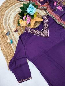 Ensemble Kurti et Palazzo en Rayonne pour Femme, Manches Trois Quarts, Doublure en Coton, Col en V, Dupatta à Imprimé Placé, Tailles S-3XL - Product Image 6