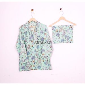 ชุดนอนลำลองลายดอกไม้พิมพ์ลายด้วยมือ ผ้าฝ้าย แขนยาว สำหรับผู้หญิง ใส่หน้าร้อน ชุดนอนสำหรับนอนหลับ - Product Image 3