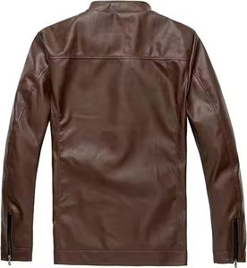 Nouvelle arrivée, veste en cuir PU vintage marron slim fit pour homme, style motard |   Veste de motard de qualité supérieure, vente en gros - Product Image 6