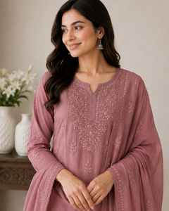 Kurti ethnique rose poudré brodé à la main Chikankari pour femme, coupe droite, motif floral exclusif - Product Image 3