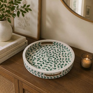 Plateau décoratif pour la maison, l'hôtel, le restaurant, plateau de service, fait main, vert et blanc, nacre, incrustation de coquillages - Product Image 4