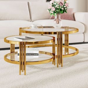 Juego de mesas de centro modernas de 2 piezas con acabado dorado, mesas nido de vidrio texturizado para sala de estar, 32.7 pulgadas - Product Image 4