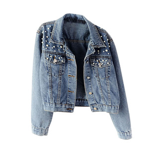Best Quality Women's Jeans <b>Jacket</b> Gray Color Cotton Made Front Pocket Street Wear Full Sleeve Jeans <b>Jackets</b> With <b>Rhinestone</b> - Product Image 4