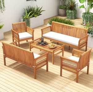 Ensemble de canapés de jardin en teck avec table basse, 6 places, résistant aux intempéries, mobilier de patio contemporain - Product Image 1
