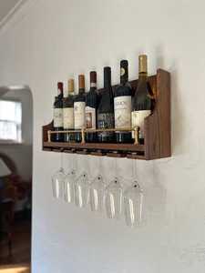 Porte-vin mural avec 6 supports à verres, étagère en bois rustique pour bouteilles - Product Image 1