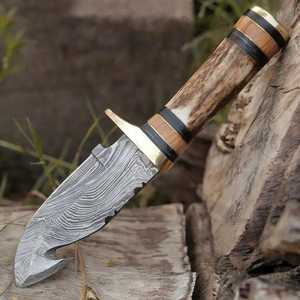 Drop Point Knife Damascus Steel Blade Wood Handle Hunting Knife 0.7mm Thickness Bevel Edge - Product Image 5