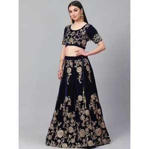 Belle couleur bleu marine Party Wear Designer brodé velours Lehenga Choli - Product Image 6