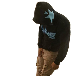 Sweat-shirt à capuche noir pour homme avec logo étoile bleue imprimé sur le devant, coupe classique, en coton tricoté, hiver, uni, délavé, streetwear décontracté - Product Image 1