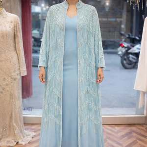 Abaya Larga con Adornos Hechos a Mano |   Kimono de malla con cuentas de diseñador |   Ropa de exterior elegante y natural antiarrugas para la noche - Product Image 1