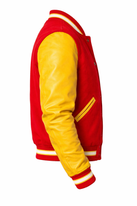 Red Varsity Jacket Cow Skin Sleeves Turn-down Collar Button Front Preppy Style Regular Fit Winter Outerwear <b>Wool</b> Body Breathable - Product Image 6