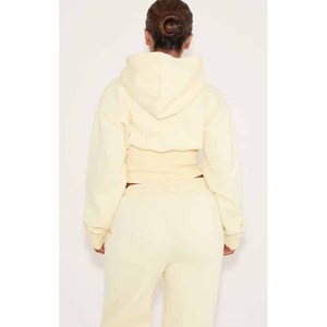 Ensemble de survêtement court à capuche pour femme, couleur crème, manches longues, coupe ample, décontracté, 2 pièces, en molleton, couleur unie - Product Image 3