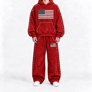 Conjunto Deportivo Negro para Hombre con Estampado de Bandera Americana y Tachuelas, Sudadera con Capucha y Pantalones de Estilo Urbano, Corte Holgado, Largo Completo, Ropa de Otoño - Product Image 5