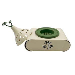 Brûleur d'encens diffuseur d'aromathérapie, base verte, dessus blanc, bordure métallique, pompon décoratif - Product Image 4
